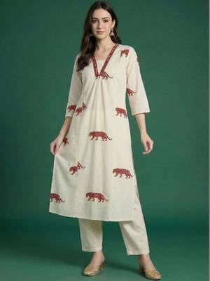 Women Animal Printed Regular Thread Work Pure Cotton Kurta with Trousers 5