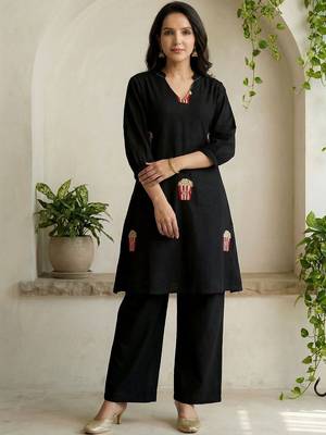 Women Ethnic Motifs Embroidered Regular Thread Work Pure Cotton Kurti with Palazzos 1