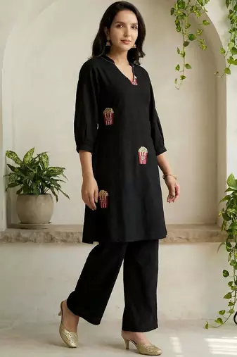 Women Ethnic Motifs Embroidered Regular Thread Work Pure Cotton Kurti with Palazzos