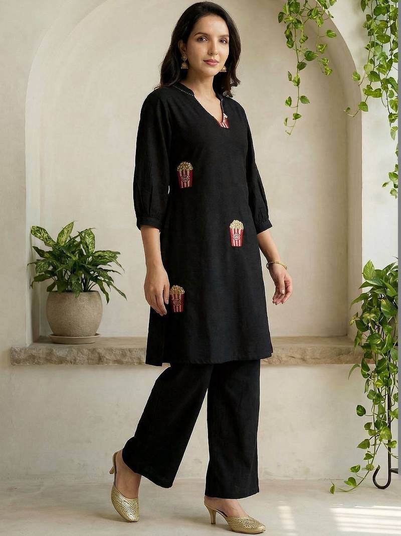Women Ethnic Motifs Embroidered Regular Thread Work Pure Cotton Kurti with Palazzos