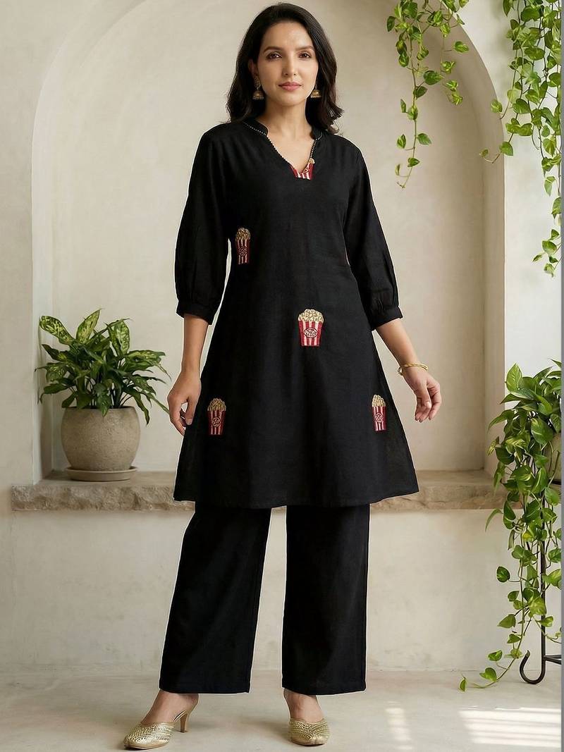 Women Ethnic Motifs Embroidered Regular Thread Work Pure Cotton Kurti with Palazzos