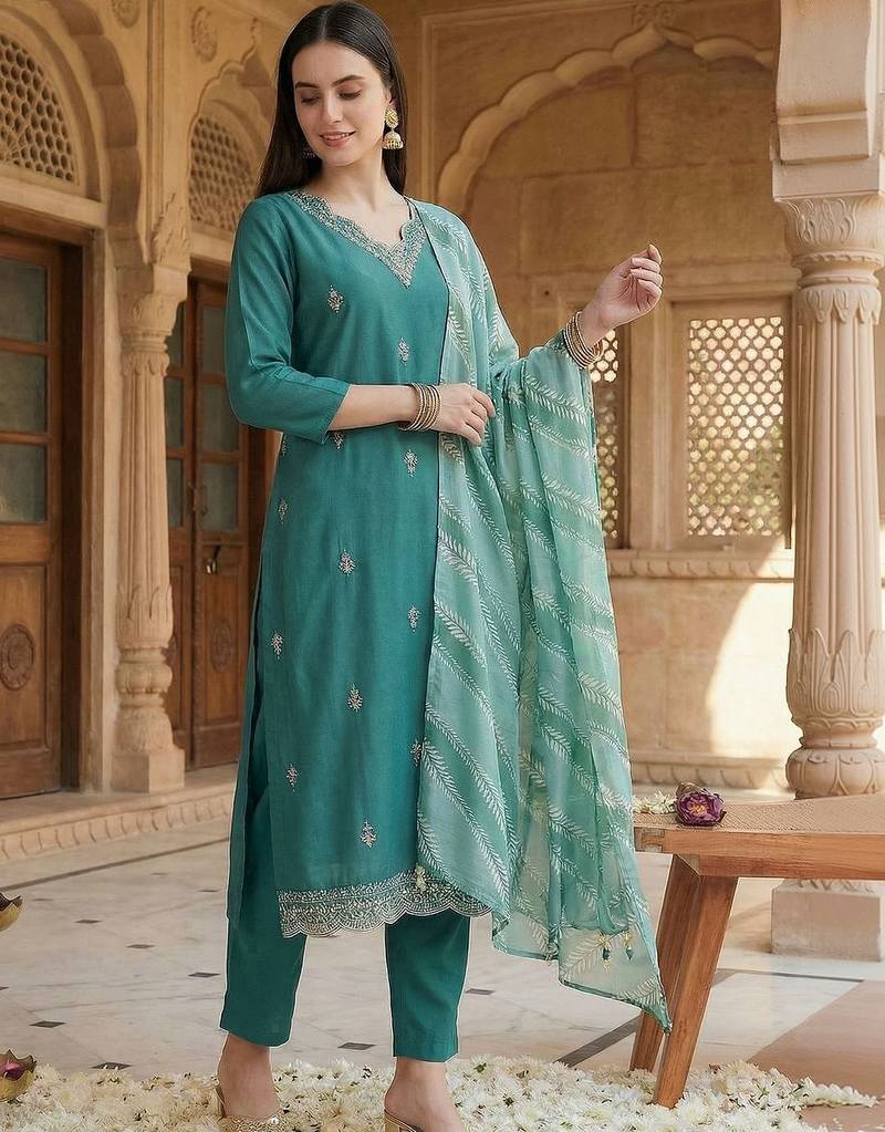 Women Ethnic Motifs Embroidered Regular Thread Work Kurta with Trousers & With Dupatta