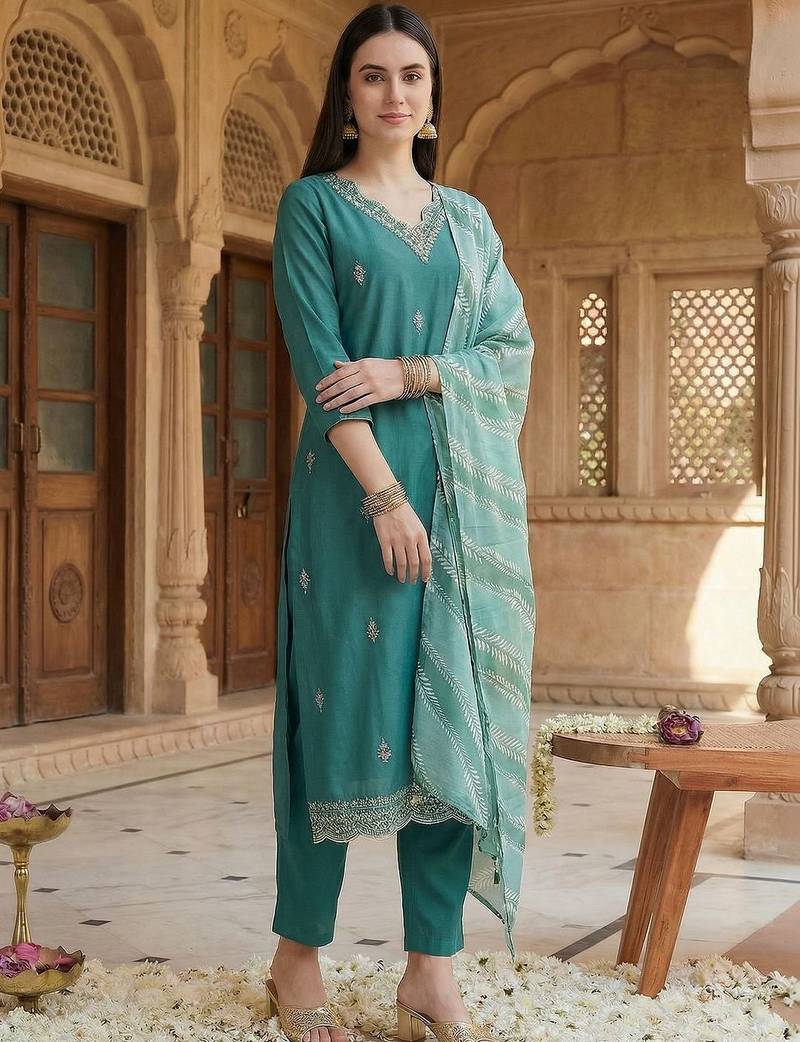Women Ethnic Motifs Embroidered Regular Thread Work Kurta with Trousers & With Dupatta
