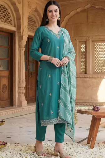 Women Ethnic Motifs Embroidered Regular Thread Work Kurta with Trousers & With Dupatta