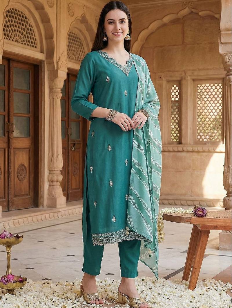 Women Ethnic Motifs Embroidered Regular Thread Work Kurta with Trousers & With Dupatta