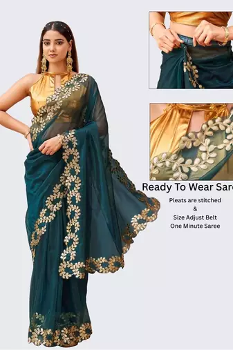 Teal net solid saree with blouse