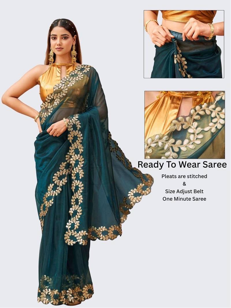 Teal net solid saree with blouse