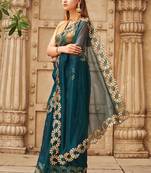 Teal net solid saree with blouse