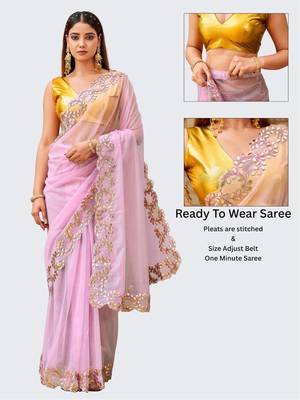 Pink net embroidered saree with blouse 1