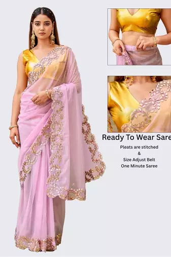Pink net embroidered saree with blouse