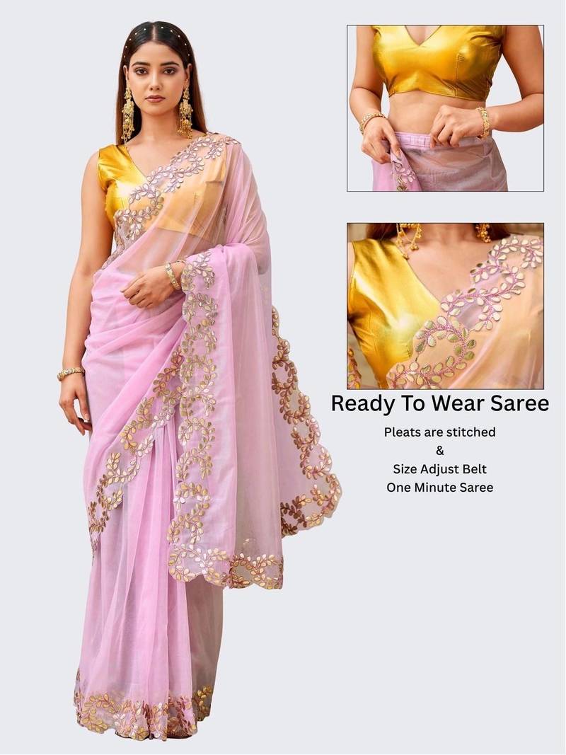 Pink net embroidered saree with blouse