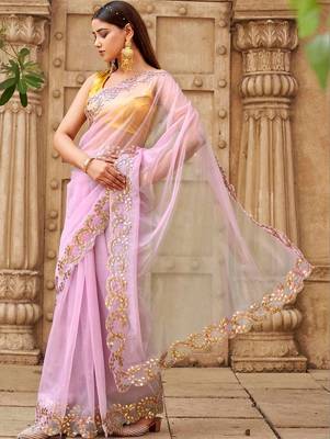 Pink net embroidered saree with blouse 3