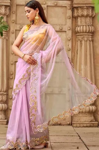 Pink net embroidered saree with blouse
