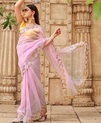 Pink net embroidered saree with blouse 5