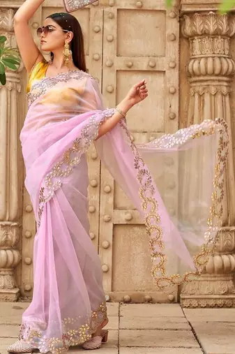 Pink net embroidered saree with blouse