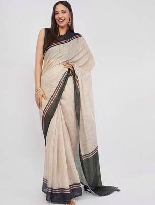 Off white pure linen woven design saree with blouse 1