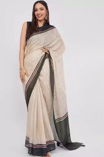 Off white pure linen woven design saree with blouse