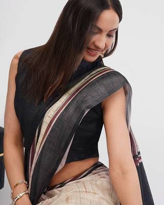 Off white pure linen woven design saree with blouse 2