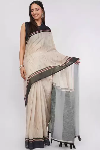 Off white pure linen woven design saree with blouse
