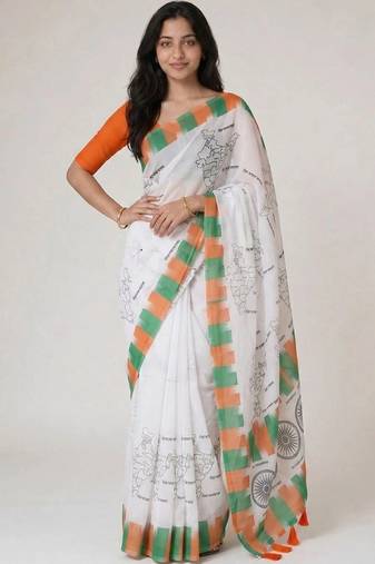 Off white organza printed saree with blouse
