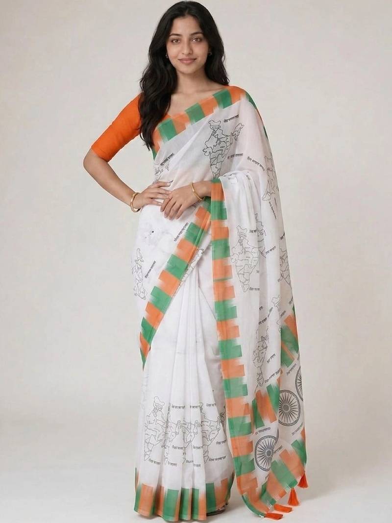 Off white organza printed saree with blouse