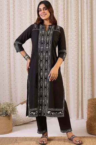 Ethnic Motifs Printed Mandarin Collar Pure Cotton Straight Kurta & Trousers