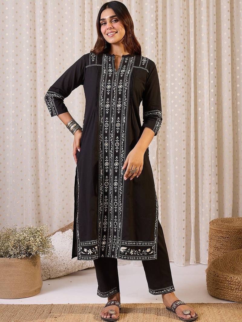 Ethnic Motifs Printed Mandarin Collar Pure Cotton Straight Kurta & Trousers