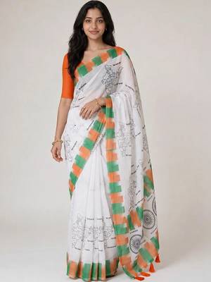Off white organza printed saree with blouse 2