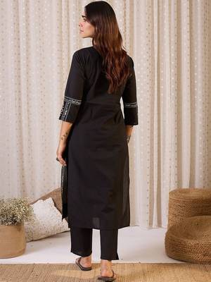 Ethnic Motifs Printed Mandarin Collar Pure Cotton Straight Kurta & Trousers 4