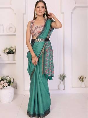 Teal linen printed saree with blouse 1