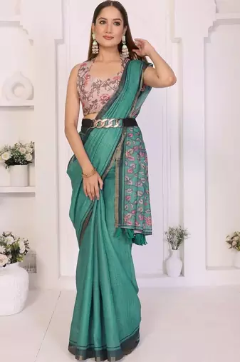Teal linen printed saree with blouse