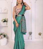 Teal linen printed saree with blouse