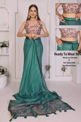 Teal linen printed saree with blouse