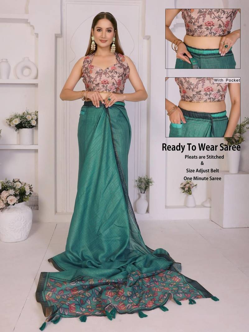 Teal linen printed saree with blouse