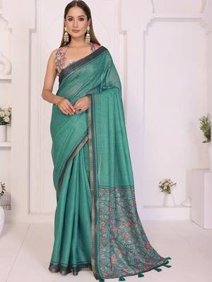 Teal linen printed saree with blouse 3