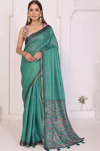 Teal linen printed saree with blouse