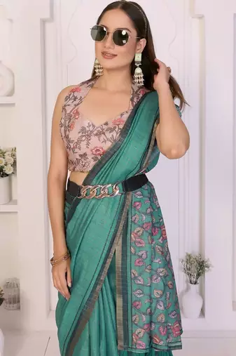 Teal linen printed saree with blouse