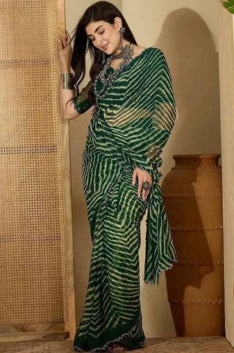 Green pure georgette striped saree with blouse