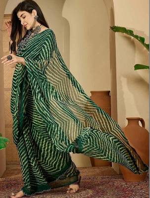 Green pure georgette striped saree with blouse 2