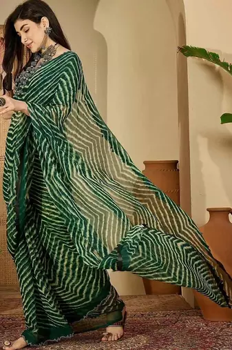 Green pure georgette striped saree with blouse
