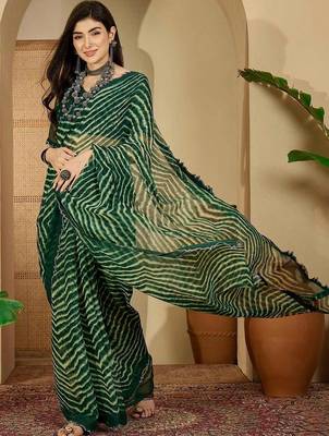 Green pure georgette striped saree with blouse 3