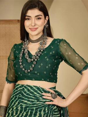 Green pure georgette striped saree with blouse 4