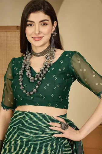 Green pure georgette striped saree with blouse