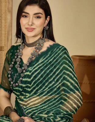 Green pure georgette striped saree with blouse 5