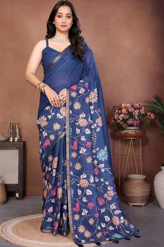 Blue linen printed saree with blouse