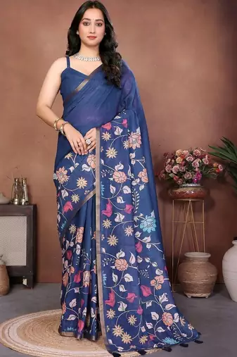 Blue linen printed saree with blouse