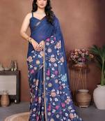 Blue linen printed saree with blouse