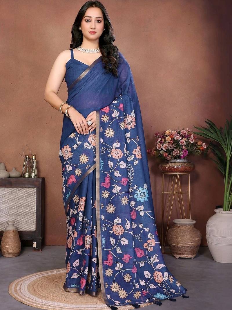 Blue linen printed saree with blouse