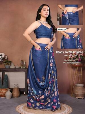 Blue linen printed saree with blouse 2
