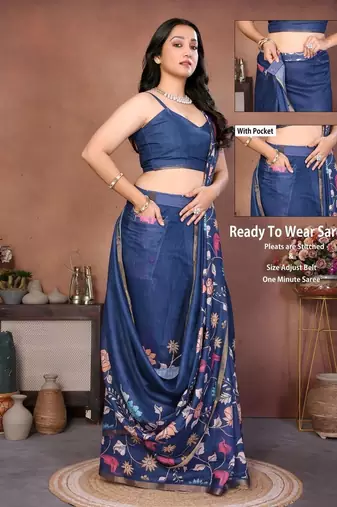 Blue linen printed saree with blouse